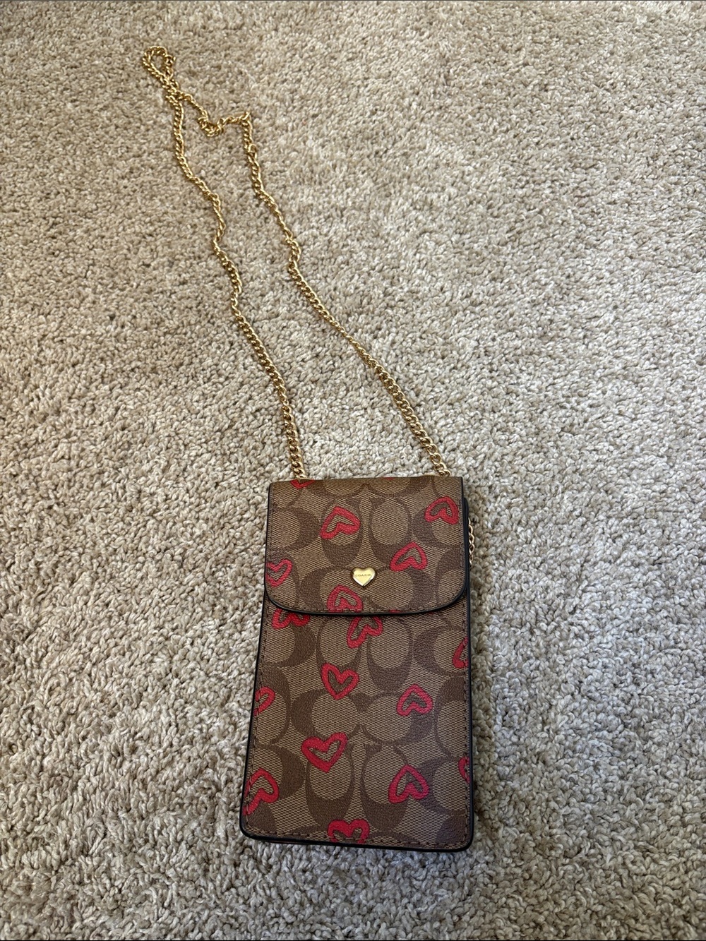 Coach Brown Signature Phone Crossbody with Red Heart Print and Gold Chain